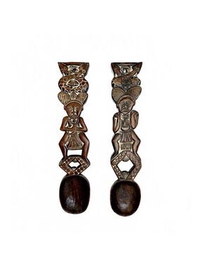 Vintage Tribal African Wooden Ceremonial Spoons Hand-Carved with Symbolic Motifs
